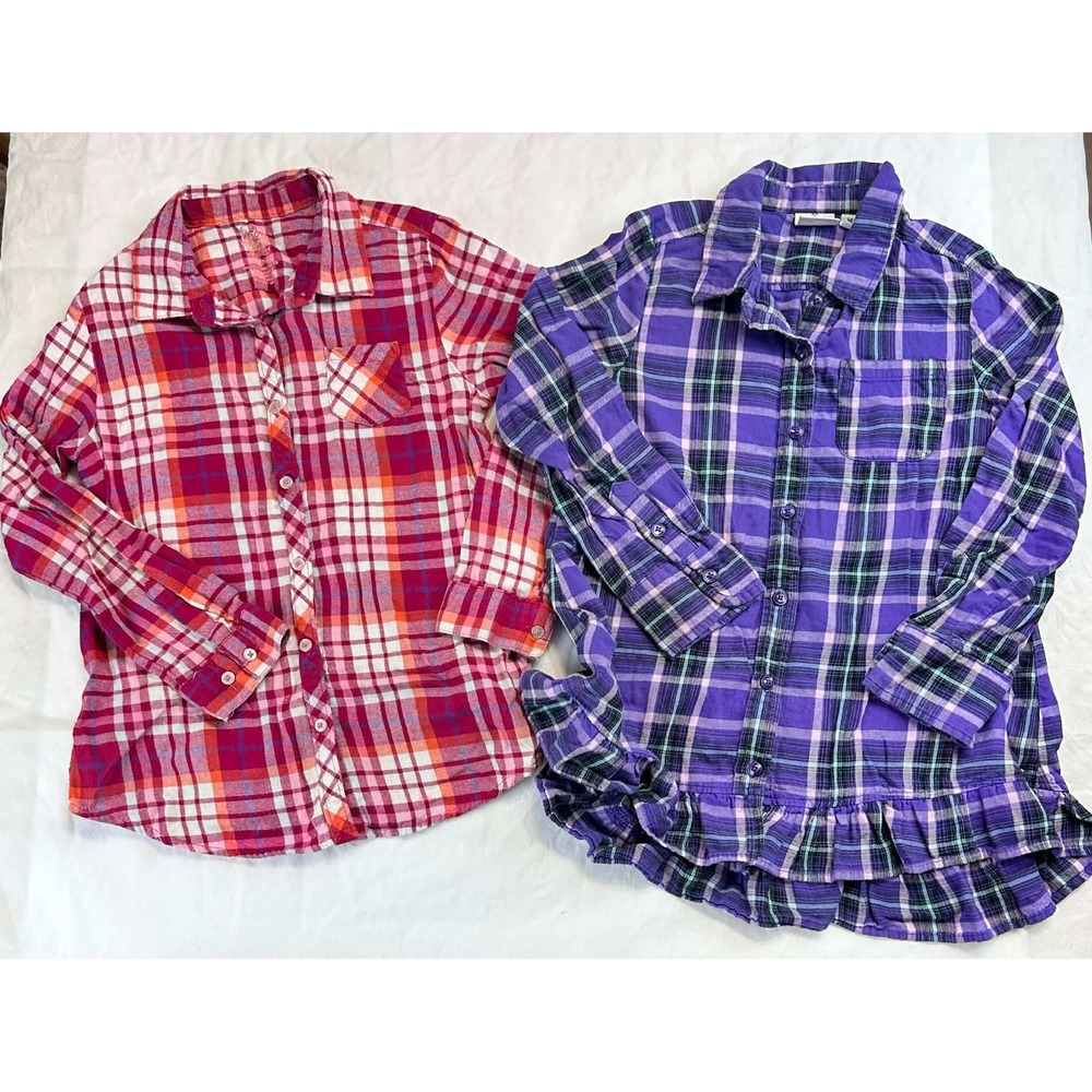 Girls Plaid Flannel‎ Button-Up Shirt Lot 2 Size 7/8 Faded Glory Childrens Place